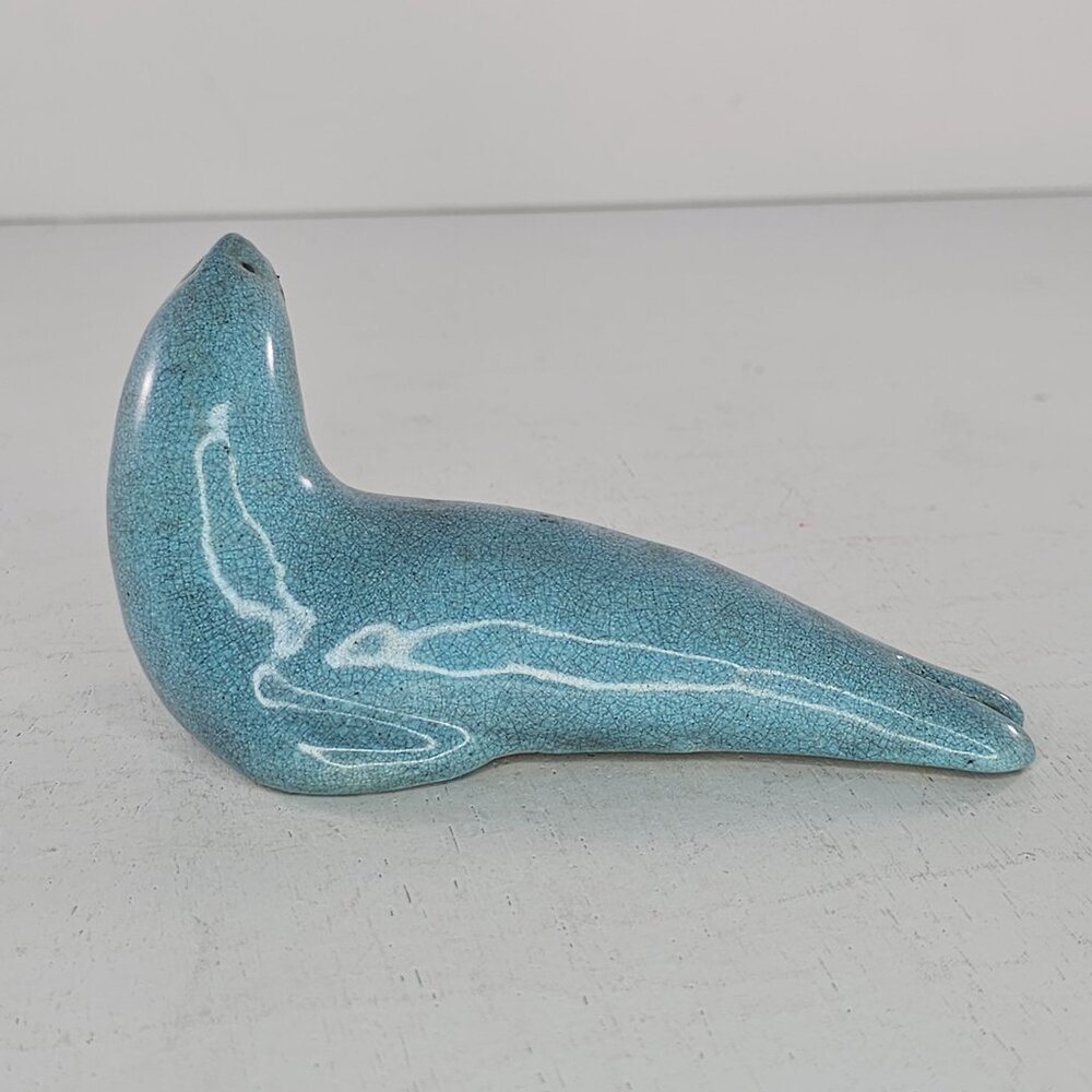 Vintage Aqua Blue Ceramic Seal Figurine China Collectible Head Turned - Picture 4 of 8
